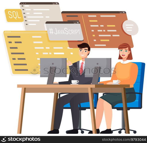 Programmer engineering and coding. Coder programmers working on web development on computer. Concept of script coding and programming in php, javascript, python, other languages. Software developers. Programmer engineering and coding. Set of programmers working on web development on computers