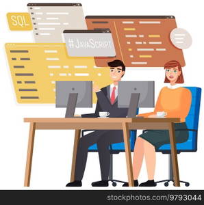 Programmer engineering and coding. Coder programmers working on web development on computer. Concept of script coding and programming in php, javascript, python, other languages. Software developers. Programmer engineering and coding. Set of programmers working on web development on computers