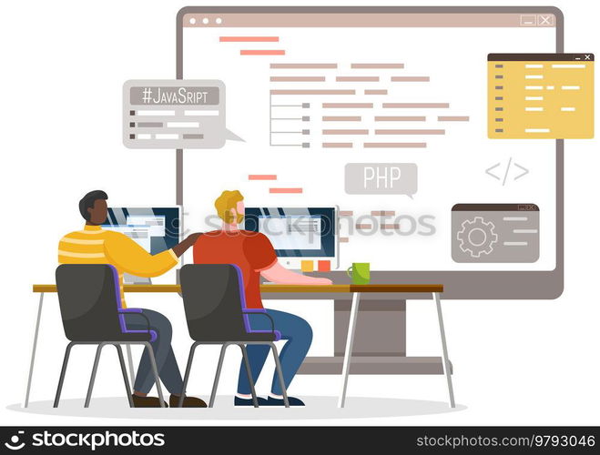 Programmer engineering and coding. Coder programmers working on web development on computer. Concept of script coding and programming in php, javascript, python, other languages. Software developers. Programmer engineering and coding. Set of programmers working on web development on computers