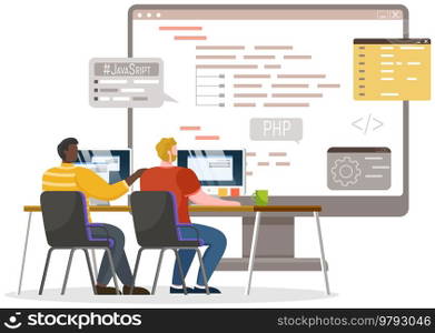 Programmer engineering and coding. Coder programmers working on web development on computer. Concept of script coding and programming in php, javascript, python, other languages. Software developers. Programmer engineering and coding. Set of programmers working on web development on computers