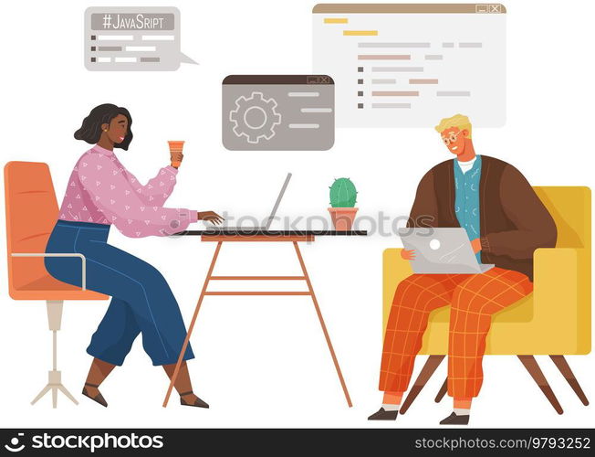 Programmer engineering and coding. Coder programmers working on web development on computer. Concept of script coding and programming in php, javascript, python, other languages. Software developers. Programmer engineering and coding. Set of programmers working on web development on computers
