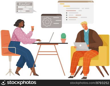 Programmer engineering and coding. Coder programmers working on web development on computer. Concept of script coding and programming in php, javascript, python, other languages. Software developers. Programmer engineering and coding. Set of programmers working on web development on computers