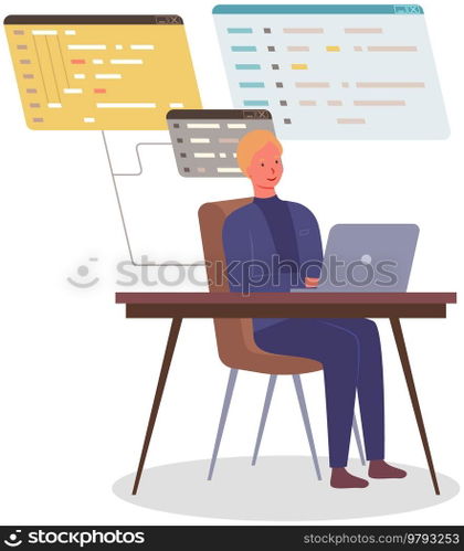Programmer engineering and coding. Coder programmers working on web development on computer. Concept of script coding and programming in php, javascript, python, other languages. Software developers. Programmer engineering and coding. Set of programmers working on web development on computers