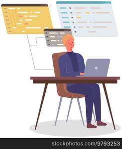 Programmer engineering and coding. Coder programmers working on web development on computer. Concept of script coding and programming in php, javascript, python, other languages. Software developers. Programmer engineering and coding. Set of programmers working on web development on computers