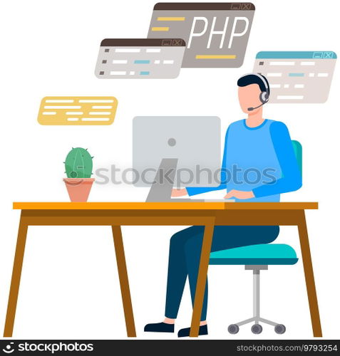 Programmer engineering and coding. Coder programmers working on web development on computer. Concept of script coding and programming in php, javascript, python, other languages. Software developers. Programmer engineering and coding. Set of programmers working on web development on computers