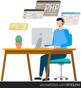 Programmer engineering and coding. Coder programmers working on web development on computer. Concept of script coding and programming in php, javascript, python, other languages. Software developers. Programmer engineering and coding. Set of programmers working on web development on computers