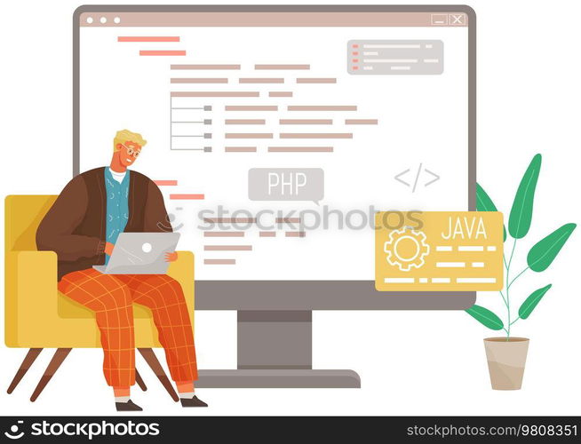 Programmer engineering and coding. Coder programmers working on web development on computer. Concept of script coding and programming in php, javascript, python, other languages. Software developers. Programmer engineering and coding. Set of programmers working on web development on computers