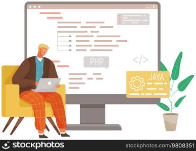 Programmer engineering and coding. Coder programmers working on web development on computer. Concept of script coding and programming in php, javascript, python, other languages. Software developers. Programmer engineering and coding. Set of programmers working on web development on computers