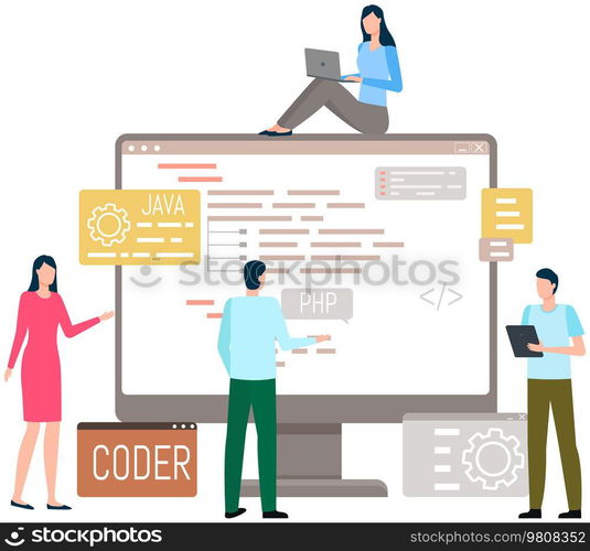 Programmer engineering and coding. Coder programmers working on web development on computer. Concept of script coding and programming in php, javascript, python, other languages. Software developers. Programmer engineering and coding. Set of programmers working on web development on computers