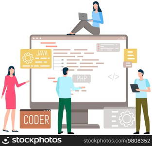 Programmer engineering and coding. Coder programmers working on web development on computer. Concept of script coding and programming in php, javascript, python, other languages. Software developers. Programmer engineering and coding. Set of programmers working on web development on computers