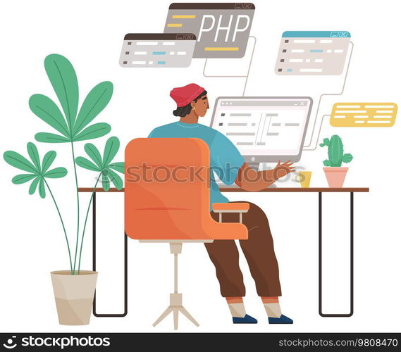 Programmer engineering and coding. Coder programmers working on web development on computer. Concept of script coding and programming in php, javascript, python, other languages. Software developers. Programmer engineering and coding. Set of programmers working on web development on computers