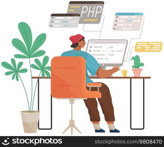 Programmer engineering and coding. Coder programmers working on web development on computer. Concept of script coding and programming in php, javascript, python, other languages. Software developers. Programmer engineering and coding. Set of programmers working on web development on computers
