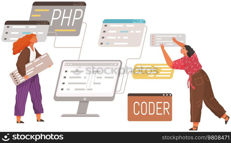 Programmer engineering and coding. Coder programmers working on web development on computer. Concept of script coding and programming in php, javascript, python, other languages. Software developers. Programmer engineering and coding. Set of programmers working on web development on computers