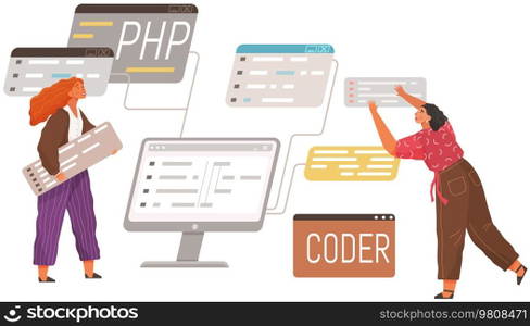 Programmer engineering and coding. Coder programmers working on web development on computer. Concept of script coding and programming in php, javascript, python, other languages. Software developers. Programmer engineering and coding. Set of programmers working on web development on computers