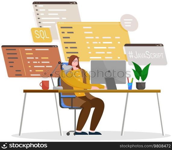 Programmer engineering and coding. Coder programmers working on web development on computer. Concept of script coding and programming in php, javascript, python, other languages. Software developers. Programmer engineering and coding. Set of programmers working on web development on computers