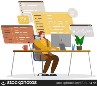 Programmer engineering and coding. Coder programmers working on web development on computer. Concept of script coding and programming in php, javascript, python, other languages. Software developers. Programmer engineering and coding. Set of programmers working on web development on computers