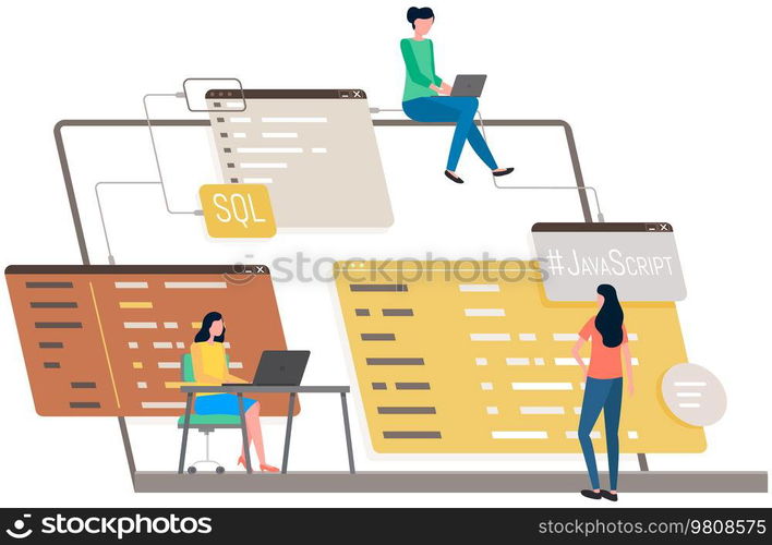 Programmer engineering and coding. Coder programmers working on web development on computer. Concept of script coding and programming in php, javascript, python, other languages. Software developers. Programmer engineering and coding. Set of programmers working on web development on computers