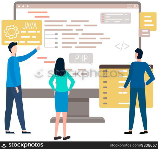 Programmer engineering and coding. Coder programmers working on web development on computer. Concept of script coding and programming in php, javascript, python, other languages. Software developers. Programmer engineering and coding. Set of programmers working on web development on computers