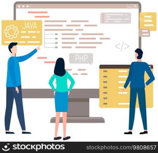 Programmer engineering and coding. Coder programmers working on web development on computer. Concept of script coding and programming in php, javascript, python, other languages. Software developers. Programmer engineering and coding. Set of programmers working on web development on computers