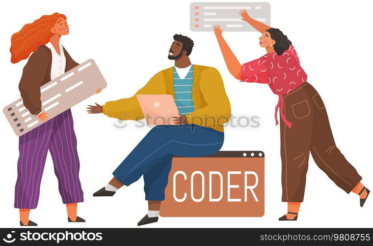 Programmer engineering and coding. Coder programmers working on web development on computer. Concept of script coding and programming in php, javascript, python, other languages. Software developers. Programmer engineering and coding. Set of programmers working on web development on computers