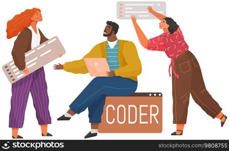 Programmer engineering and coding. Coder programmers working on web development on computer. Concept of script coding and programming in php, javascript, python, other languages. Software developers. Programmer engineering and coding. Set of programmers working on web development on computers