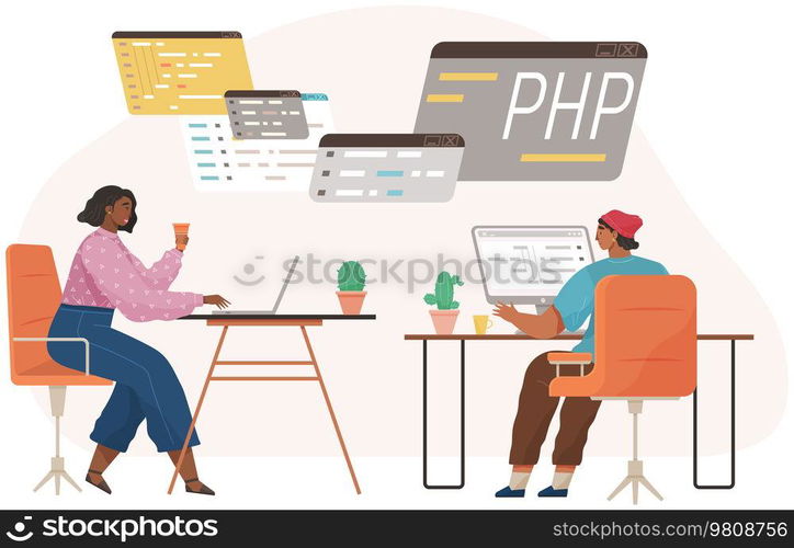 Programmer engineering and coding. Coder programmers working on web development on computer. Concept of script coding and programming in php, javascript, python, other languages. Software developers. Programmer engineering and coding. Set of programmers working on web development on computers