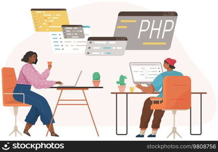 Programmer engineering and coding. Coder programmers working on web development on computer. Concept of script coding and programming in php, javascript, python, other languages. Software developers. Programmer engineering and coding. Set of programmers working on web development on computers