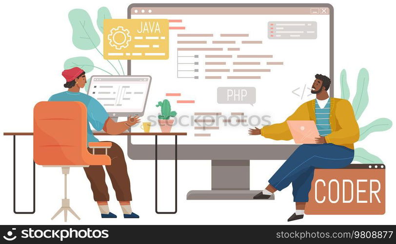 Programmer engineering and coding. Coder programmers working on web development on computer. Concept of script coding and programming in php, javascript, python, other languages. Software developers. Programmer engineering and coding. Set of programmers working on web development on computers