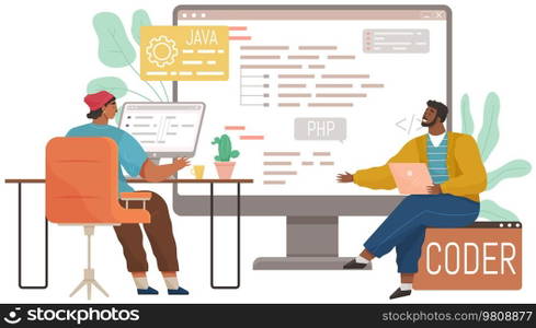 Programmer engineering and coding. Coder programmers working on web development on computer. Concept of script coding and programming in php, javascript, python, other languages. Software developers. Programmer engineering and coding. Set of programmers working on web development on computers
