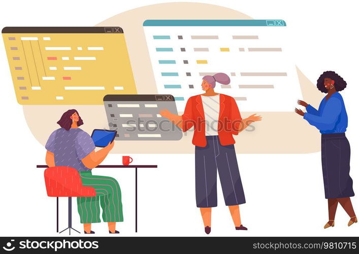 Programmer engineering and coding. Coder programmers working on web development on computer. Concept of script coding and programming in php, javascript, python, other languages. Software developers. Programmer engineering and coding. Set of programmers working on web development on computers