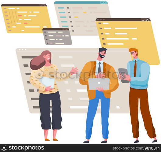 Programmer engineering and coding. Coder programmers working on web development on computer. Concept of script coding and programming in php, javascript, python, other languages. Software developers. Programmer engineering and coding. Set of programmers working on web development on computers