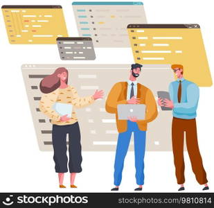Programmer engineering and coding. Coder programmers working on web development on computer. Concept of script coding and programming in php, javascript, python, other languages. Software developers. Programmer engineering and coding. Set of programmers working on web development on computers