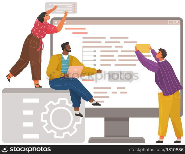 Programmer engineering and coding. Coder programmers working on web development on computer. Concept of script coding and programming in php, javascript, python, other languages. Software developers. Programmer engineering and coding. Set of programmers working on web development on computers
