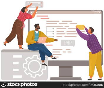 Programmer engineering and coding. Coder programmers working on web development on computer. Concept of script coding and programming in php, javascript, python, other languages. Software developers. Programmer engineering and coding. Set of programmers working on web development on computers