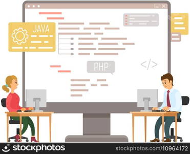 Programmer engineering and coding. Programmer working on web development on computers. Concept of script coding and programming in php, javascript, python, other languages. Software developer. Programmer engineering and coding. Set of programmers working on web development on computers