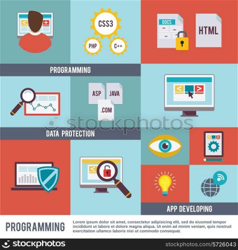Programmer flat icon set with programming data protection app developing isolated vector illustration