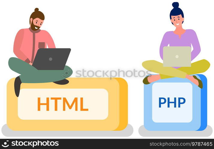 Programmer, html button and laptop. Programming or coding, digital technology. Lady is working with electronic device to create websites. Html and php developer sitting on block with text HTML, PHP. Woman programmer working withl aptop to create websites, programming or coding with text HTML and PHP