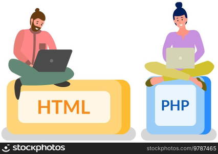 Programmer, html button and laptop. Programming or coding, digital technology. Lady is working with electronic device to create websites. Html and php developer sitting on block with text HTML, PHP. Woman programmer working withl aptop to create websites, programming or coding with text HTML and PHP