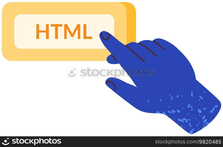 Programmer, html button icon. Programming or coding, digital technology. Working with website creation. Web developer points to block with text HTML. Symbol of programming language for website. Web developer points to block with text HTML. Programming language for website creation symbol