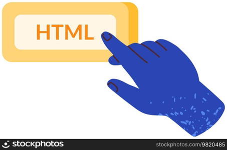 Programmer, html button icon. Programming or coding, digital technology. Working with website creation. Web developer points to block with text HTML. Symbol of programming language for website. Web developer points to block with text HTML. Programming language for website creation symbol