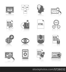 Programmer icon black set with software development coding symbols isolated vector illustration