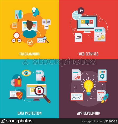 Programmer icon flat set with web services data protection app development isolated vector illustration