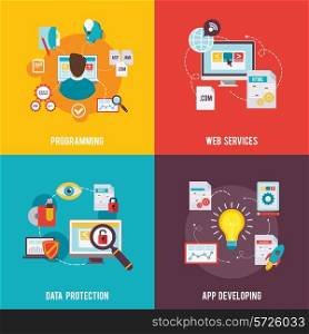 Programmer icon flat set with web services data protection app development isolated vector illustration
