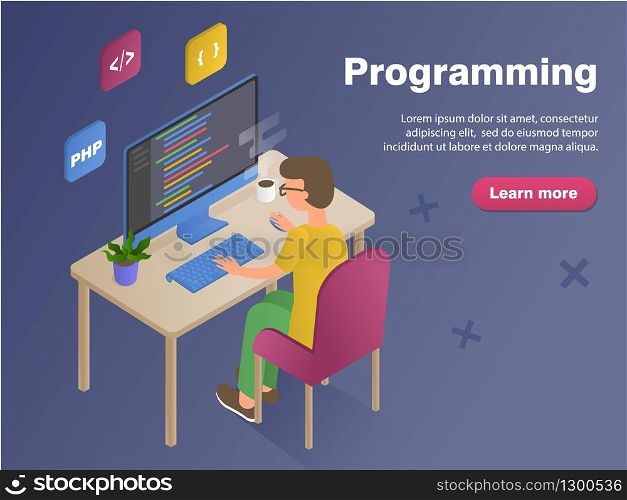 Programmer man at work concept banner. Flat isometric vector illustration isolated on dark background. Can use for web banner, hero images, infographics.. Programmer man at work concept banner. Flat isometric vector illustration