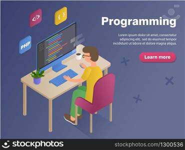 Programmer man at work concept banner. Flat isometric vector illustration isolated on dark background. Can use for web banner, hero images, infographics.. Programmer man at work concept banner. Flat isometric vector illustration