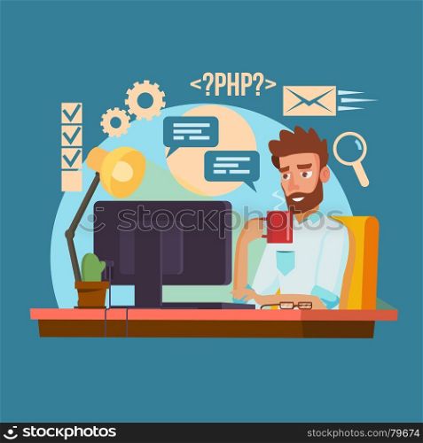 Programmer Man Vector. Classic Professional Programmer Man Coding. Software Programmer Typing Code. Flat Cartoon Illustration. Programmer Man Vector. Stylized Young Developer. Person Working On Computer. Isolated Flat Cartoon Character Illustration