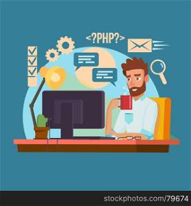 Programmer Man Vector. Classic Professional Programmer Man Coding. Software Programmer Typing Code. Flat Cartoon Illustration. Programmer Man Vector. Stylized Young Developer. Person Working On Computer. Isolated Flat Cartoon Character Illustration