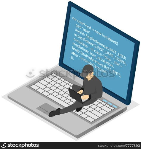 Programmer man working on computer. Programming or coding concept. Male character in black clothes works with laptop, creates program code. IT specialist is engaged in programming vector illustration. Programmer man works with laptop, creates program code. IT specialist is engaged in programming