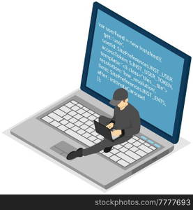 Programmer man working on computer. Programming or coding concept. Male character in black clothes works with laptop, creates program code. IT specialist is engaged in programming vector illustration. Programmer man works with laptop, creates program code. IT specialist is engaged in programming