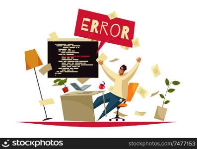Programmer office concept with error searching symbols flat vector illustration